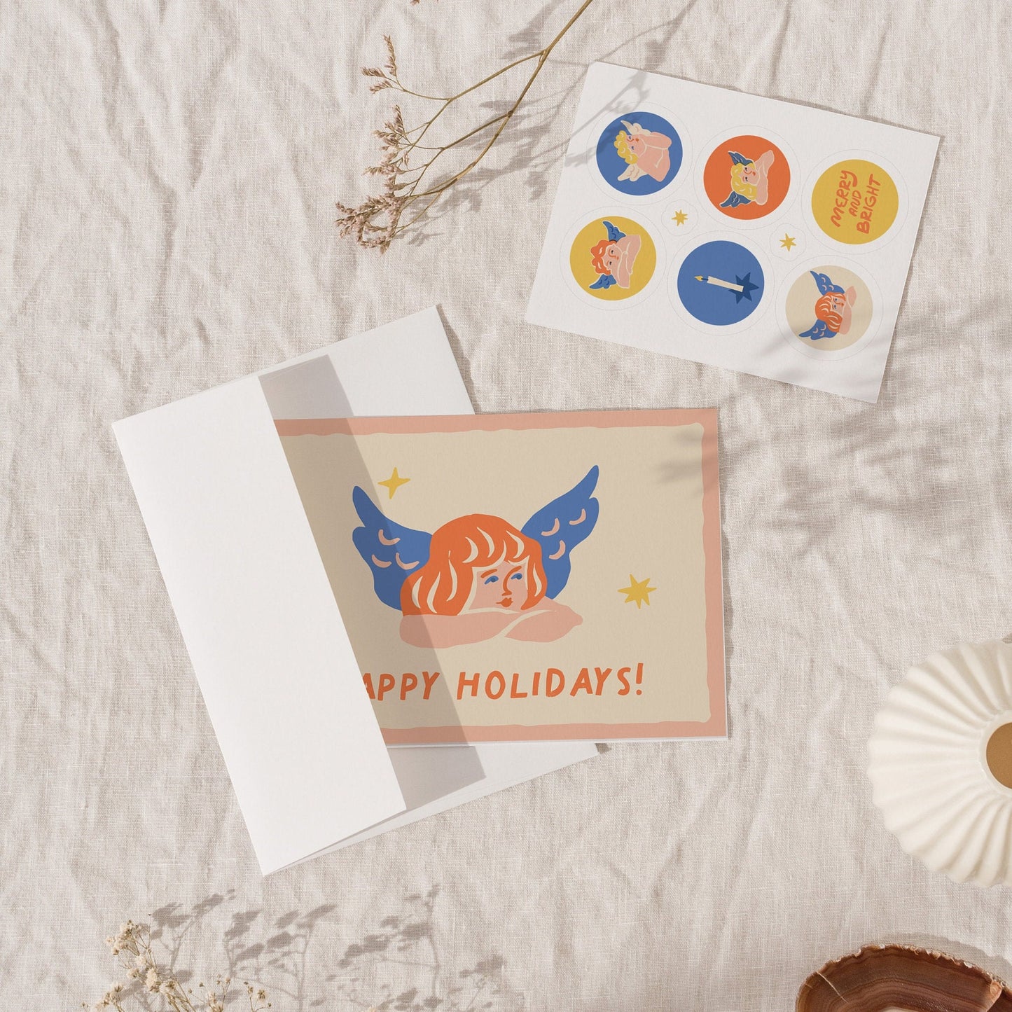Angel Christmas Greeting Cards With Envelopes | Peach Happy Holiday Premium Vintage Greeting Card Set | Magic Christmas Collection