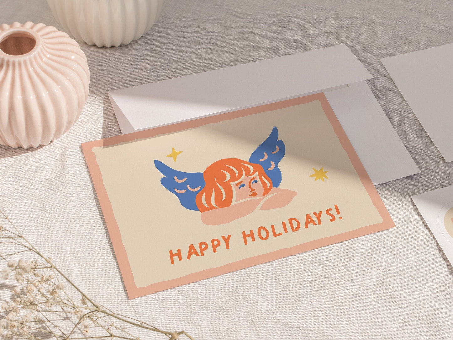 Angel Christmas Greeting Cards With Envelopes | Peach Happy Holiday Premium Vintage Greeting Card Set | Magic Christmas Collection