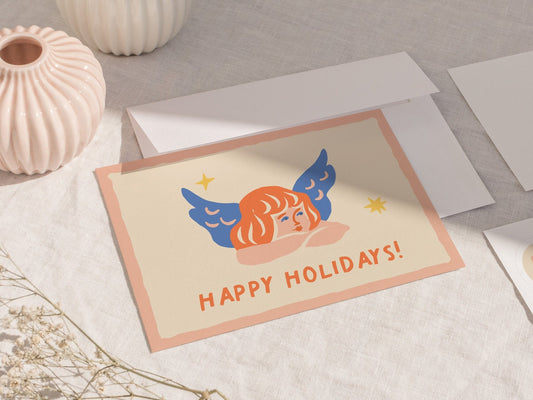 Angel Christmas Greeting Cards With Envelopes | Peach Happy Holiday Premium Vintage Greeting Card Set | Magic Christmas Collection