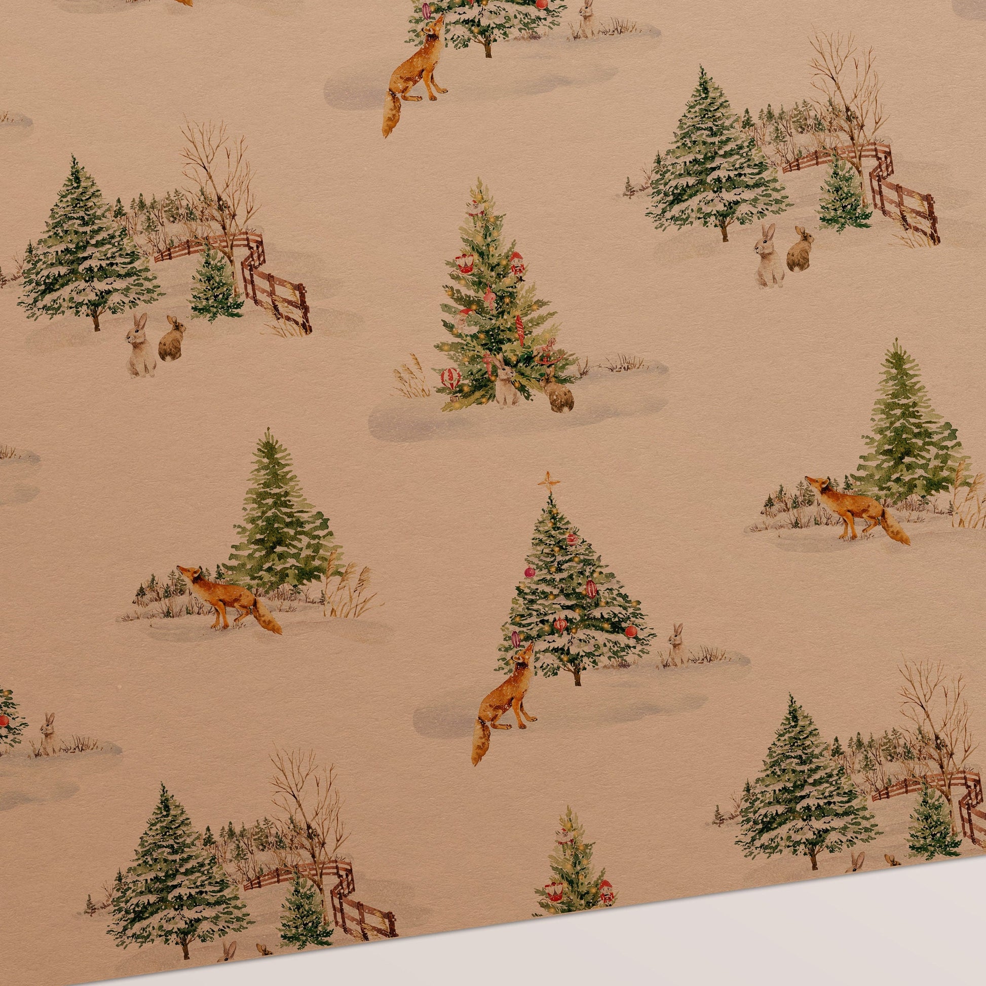 Winter Fox & Rabbit Eco Christmas Gift Wrapping Papers | Nature Watercolor Animal in Snowfield Recycled Paper Holiday Gift Wraps