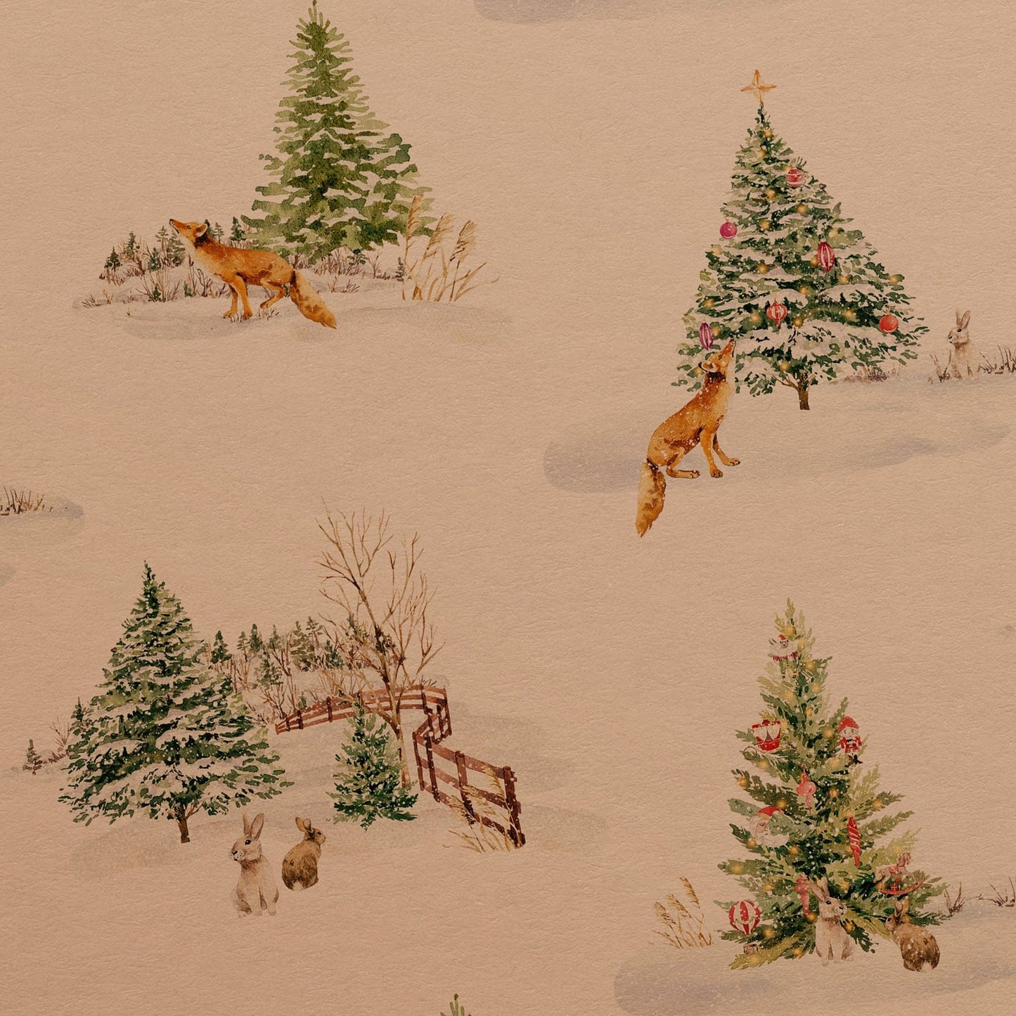 Winter Fox & Rabbit Eco Christmas Gift Wrapping Papers | Nature Watercolor Animal in Snowfield Recycled Paper Holiday Gift Wraps