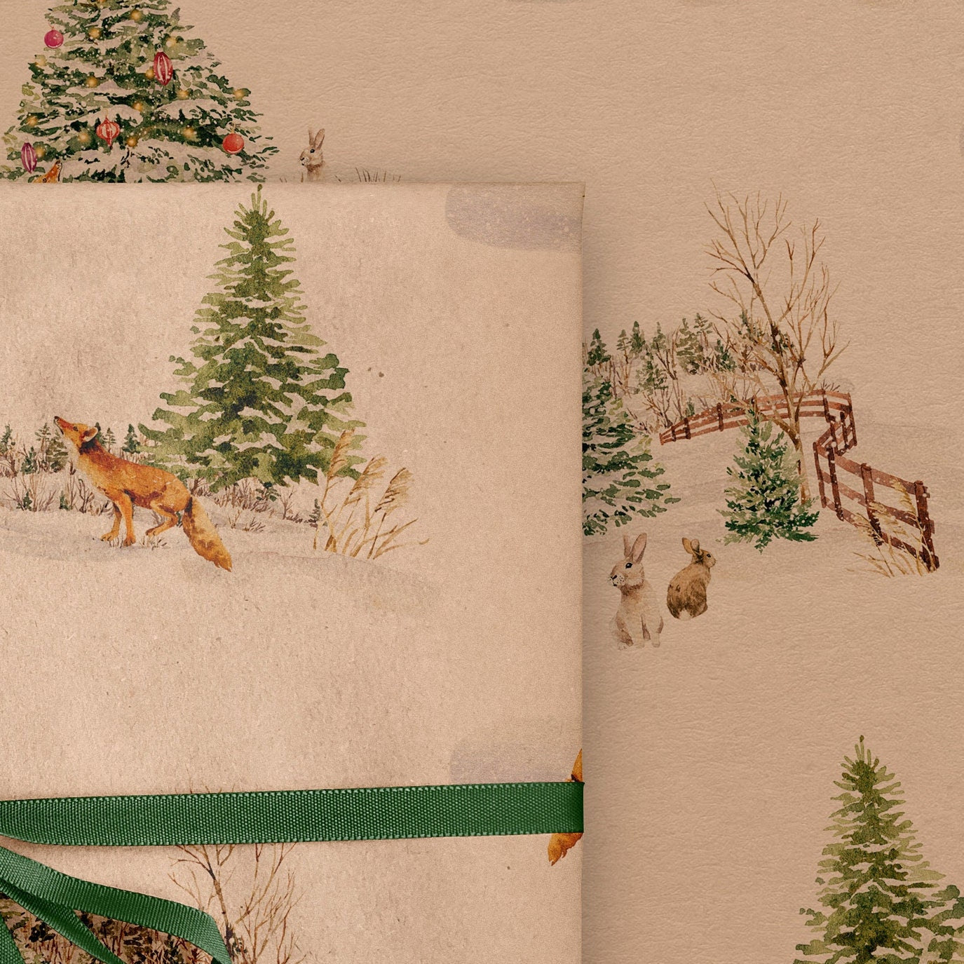 Winter Fox & Rabbit Eco Christmas Gift Wrapping Papers | Nature Watercolor Animal in Snowfield Recycled Paper Holiday Gift Wraps