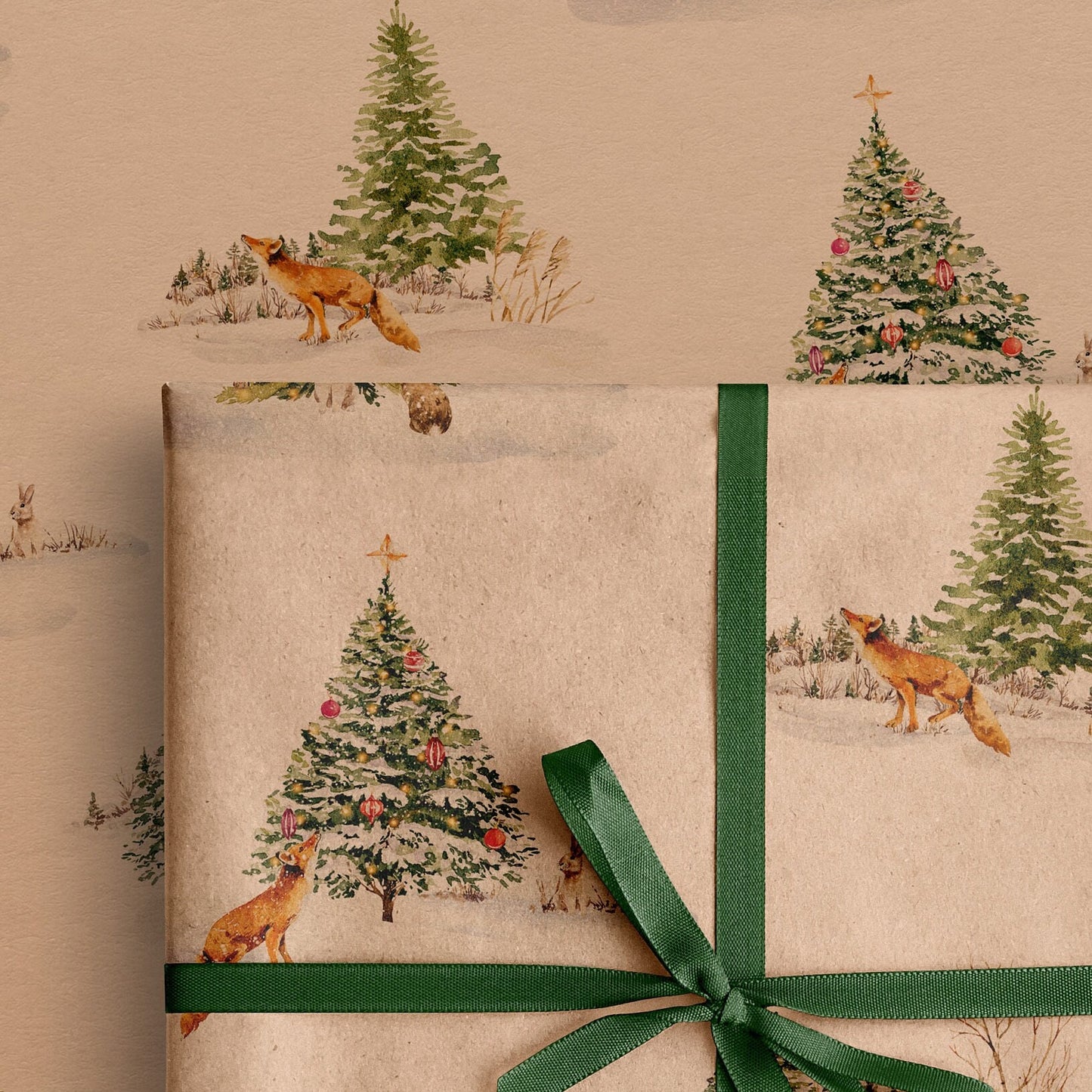 Winter Fox & Rabbit Eco Christmas Gift Wrapping Papers | Nature Watercolor Animal in Snowfield Recycled Paper Holiday Gift Wraps
