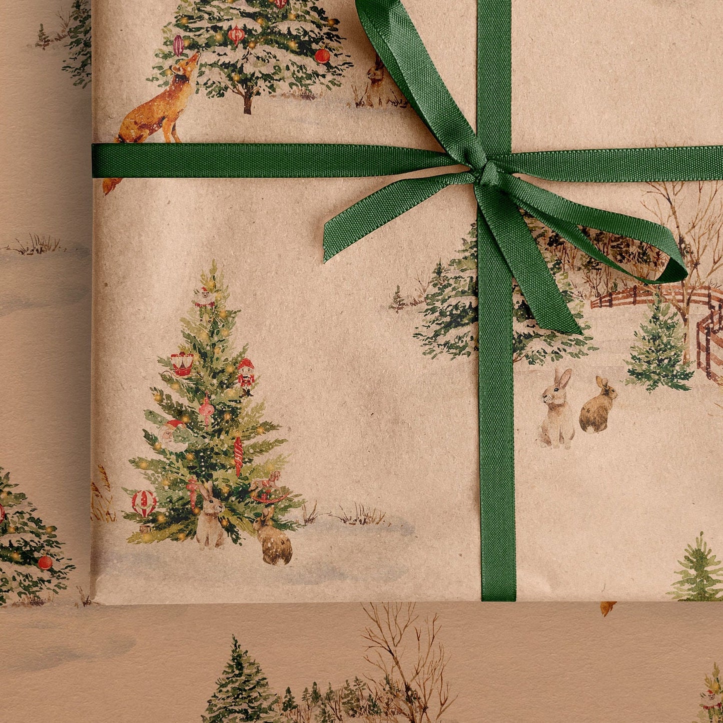 Winter Fox & Rabbit Eco Christmas Gift Wrapping Papers | Nature Watercolor Animal in Snowfield Recycled Paper Holiday Gift Wraps