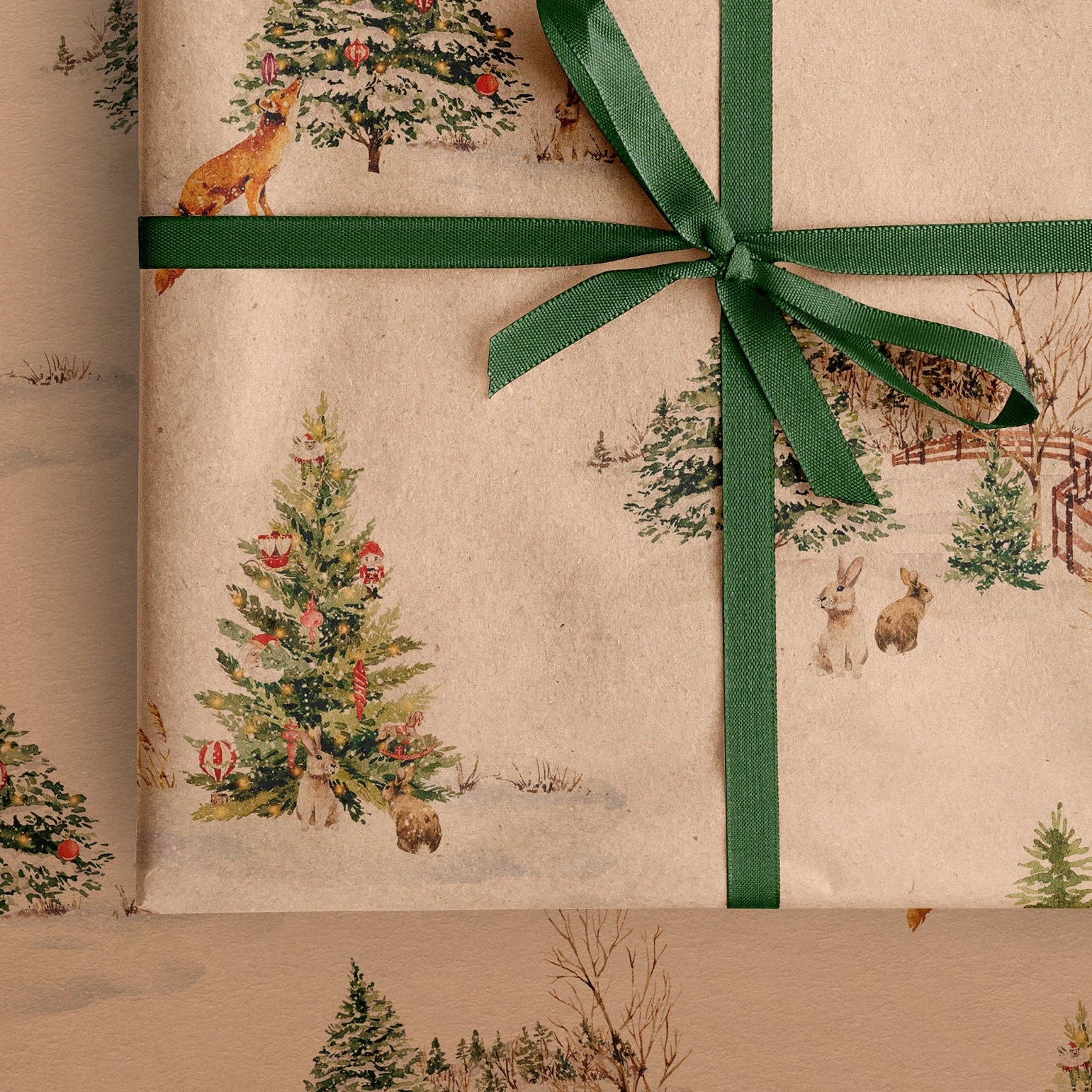 Winter Fox & Rabbit Eco Christmas Gift Wrapping Papers | Nature Watercolor Animal in Snowfield Recycled Paper Holiday Gift Wraps