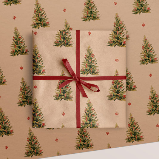 Christmas Tree Kraft Brown Gift Wrapping Paper wrapped with a red ribbon and bow