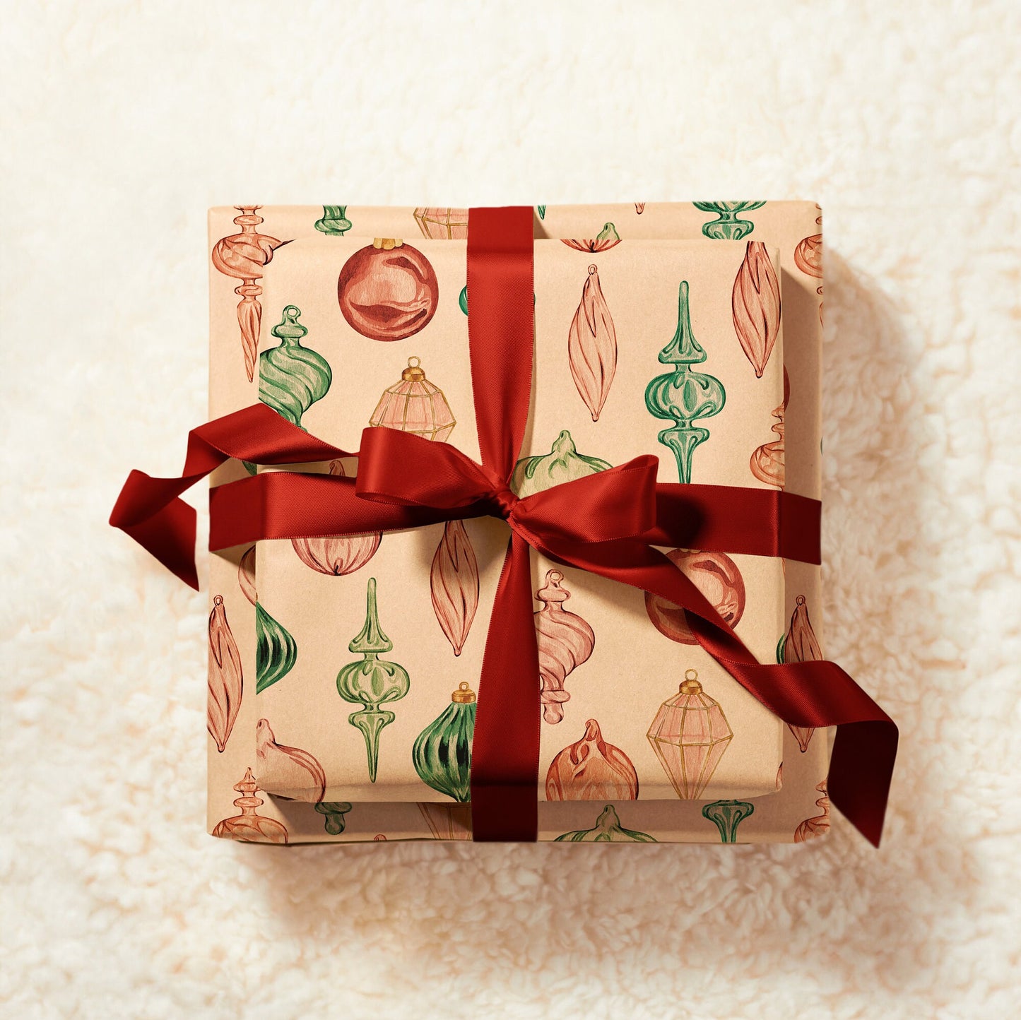 Eco Christmas Wrapping Paper with Vintage Red & Green Ornaments | Recycled Sustainable Gift Wrap for Classic Holiday Decorations