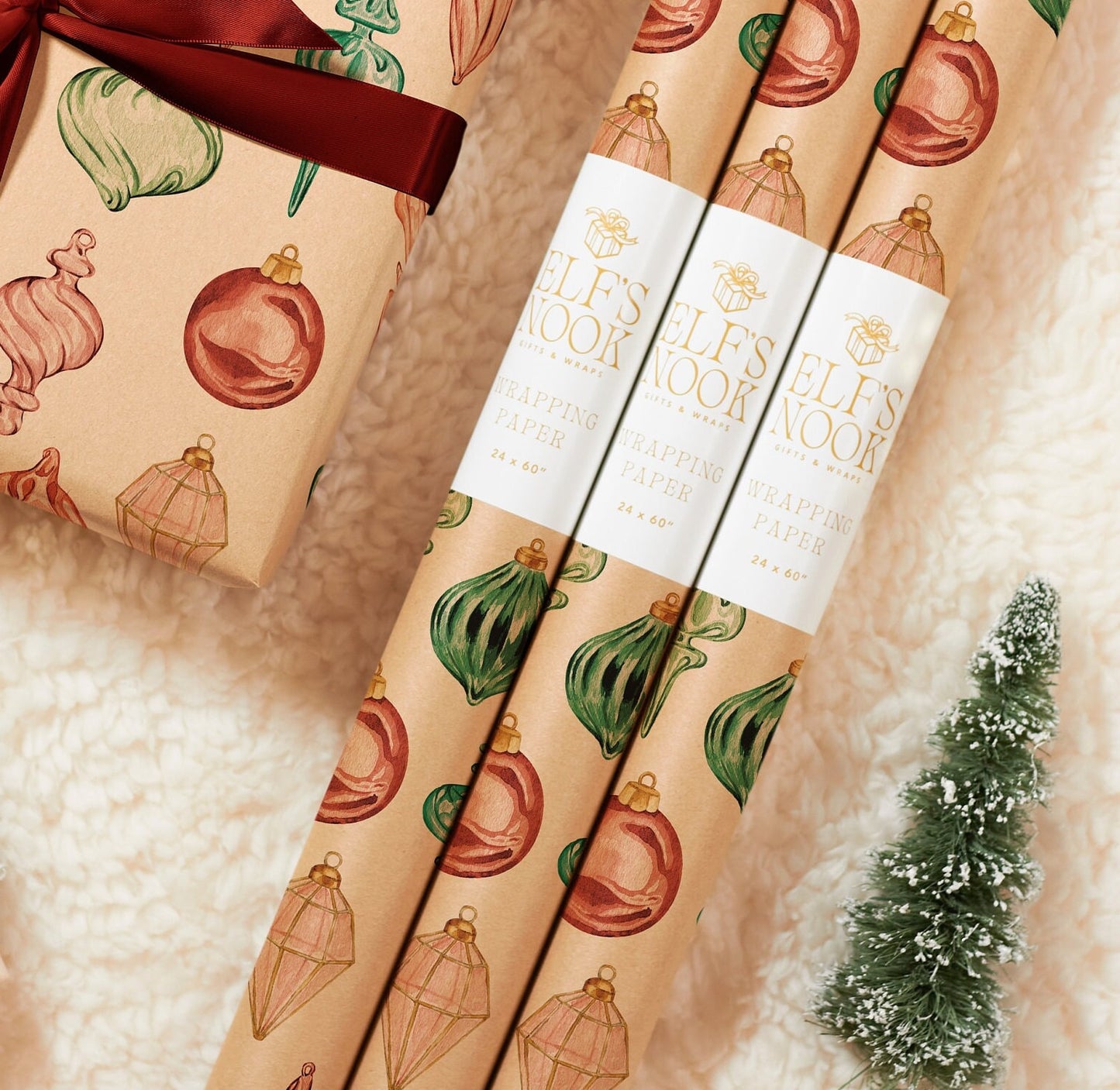 Eco Christmas Wrapping Paper with Vintage Red & Green Ornaments | Recycled Sustainable Gift Wrap for Classic Holiday Decorations