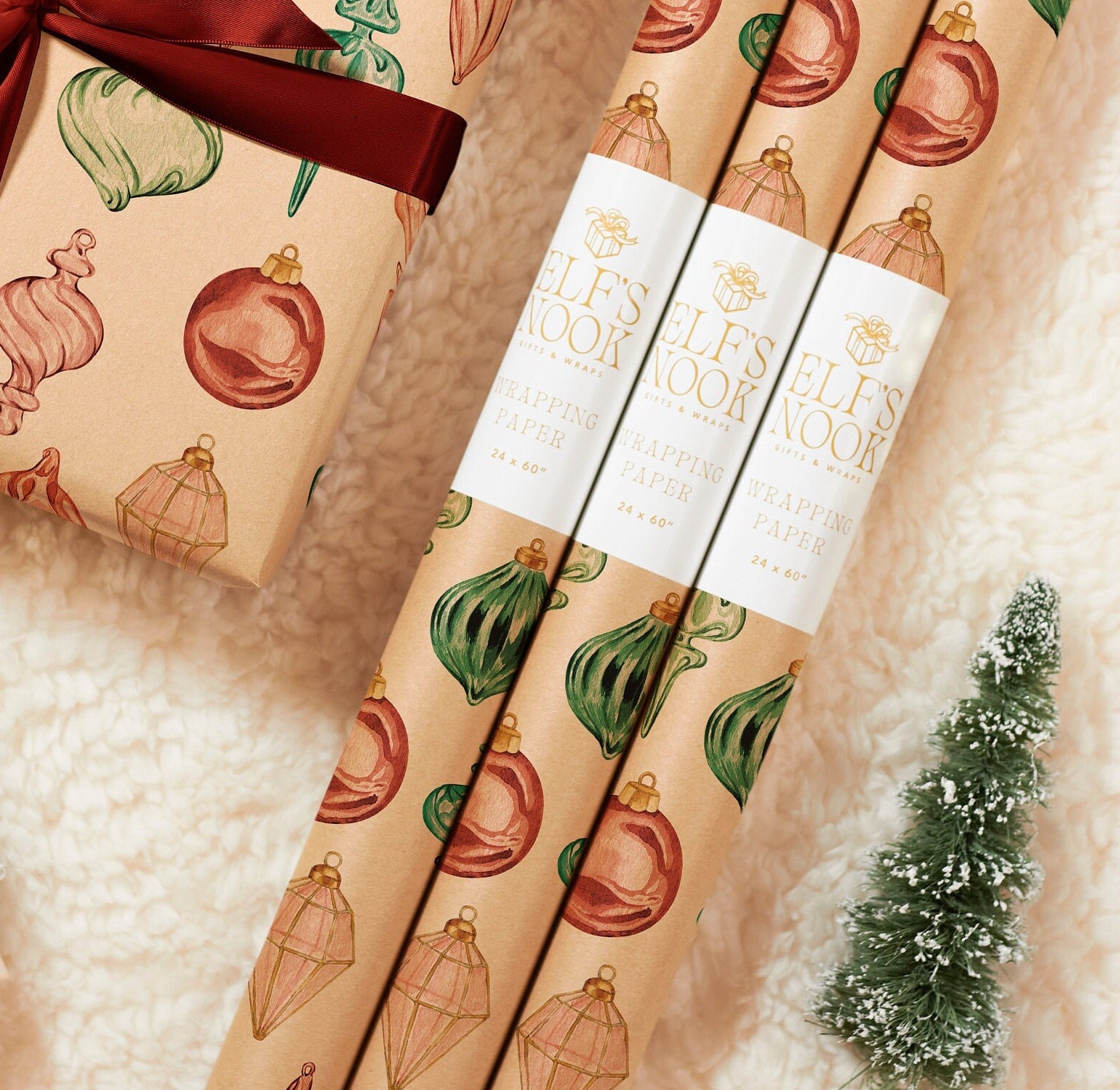 Eco Christmas Wrapping Paper with Vintage Red & Green Ornaments | Recycled Sustainable Gift Wrap for Classic Holiday Decorations