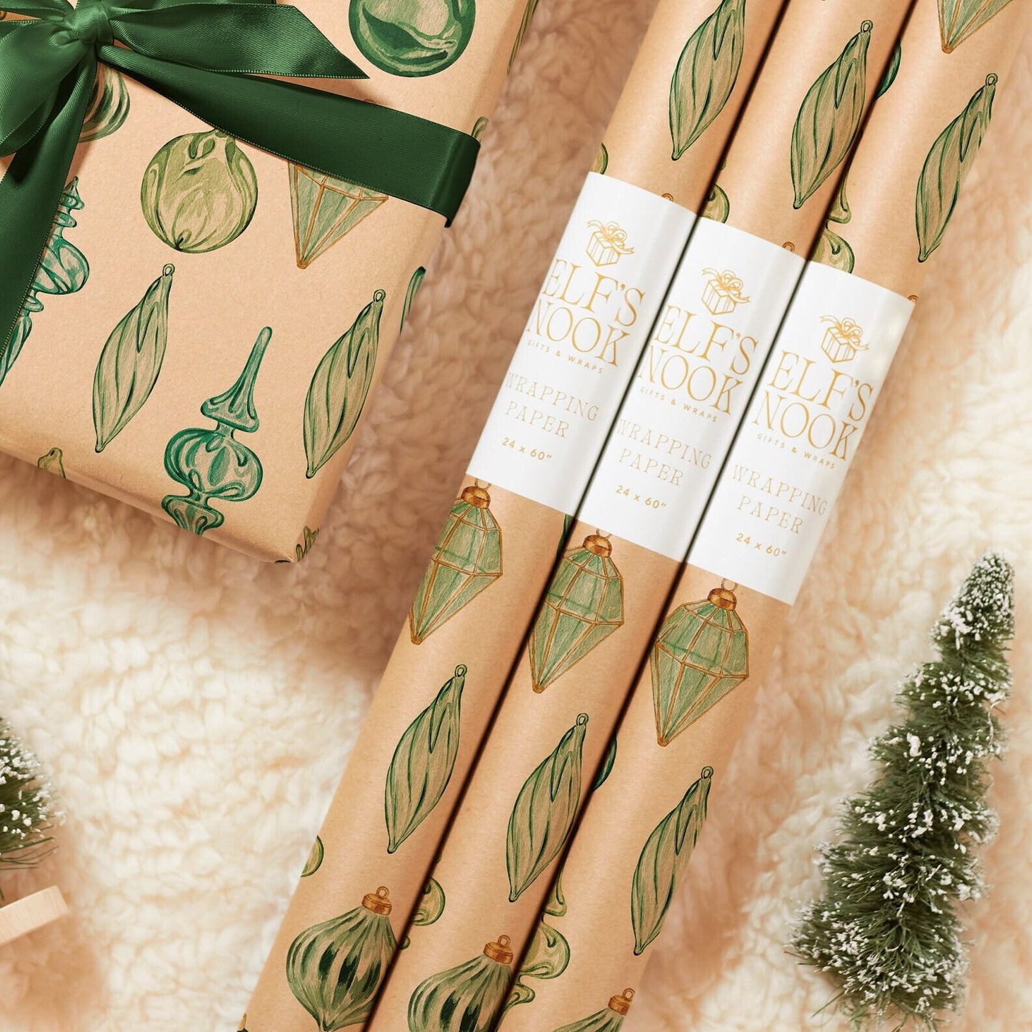 Eco Christmas Wrapping Paper with Vintage Green Ornaments | Recycled & Sustainable Gift Wrap for Classic Holiday Decorations