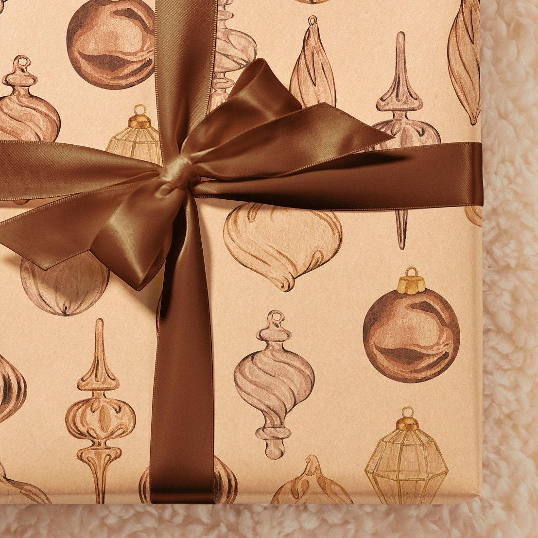 Eco Christmas Wrapping Paper with Vintage Copper Brown & Gold Ornaments | Recycled Sustainable Gift Wrap for Rustic Holiday Decorations