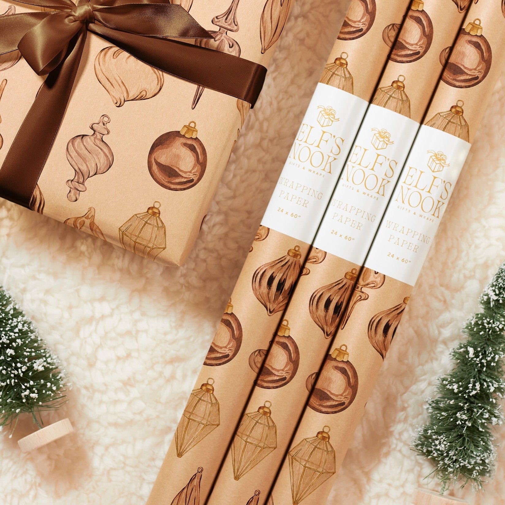 Eco Christmas Wrapping Paper with Vintage Copper Brown & Gold Ornaments | Recycled Sustainable Gift Wrap for Rustic Holiday Decorations