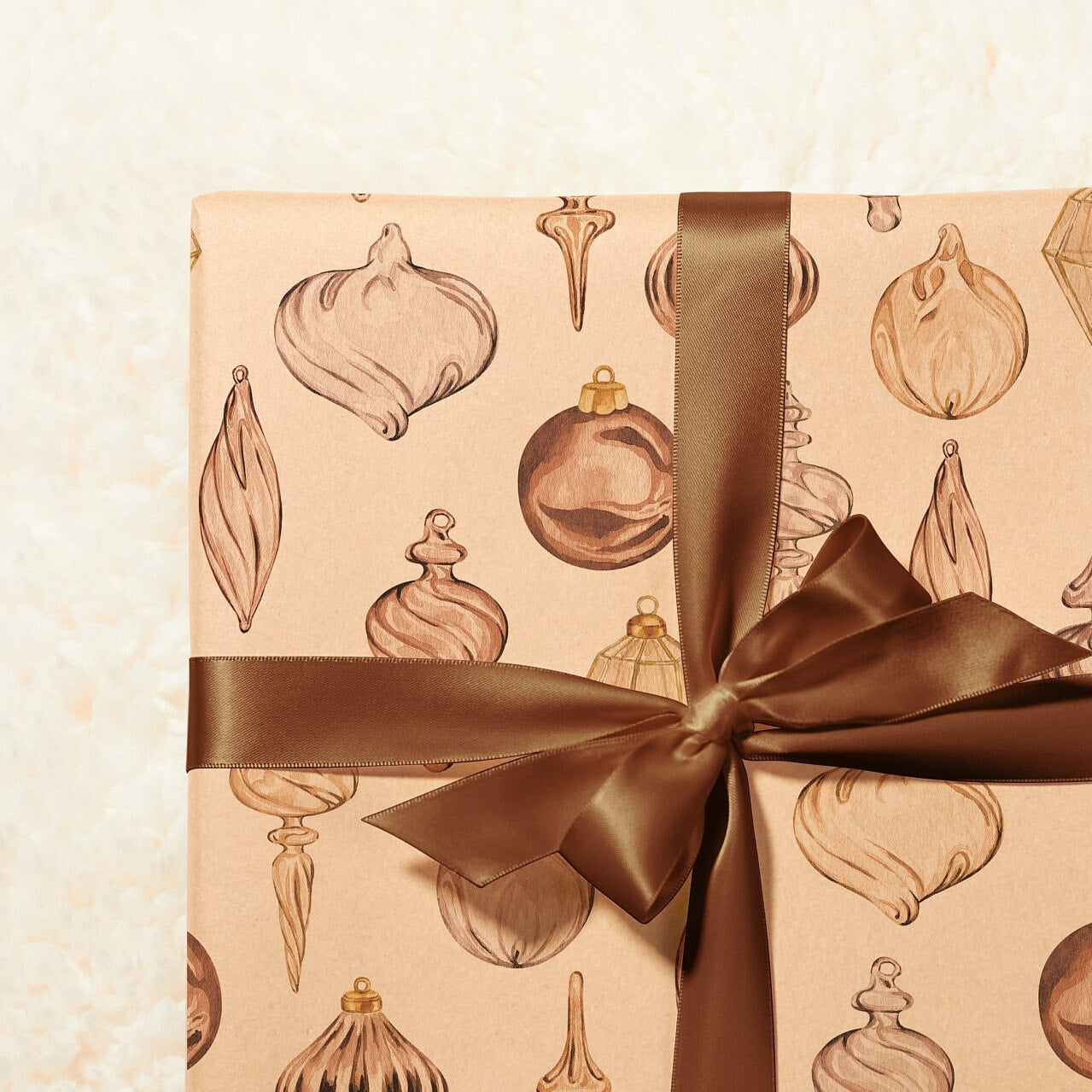 Eco Christmas Wrapping Paper with Vintage Copper Brown & Gold Ornaments | Recycled Sustainable Gift Wrap for Rustic Holiday Decorations