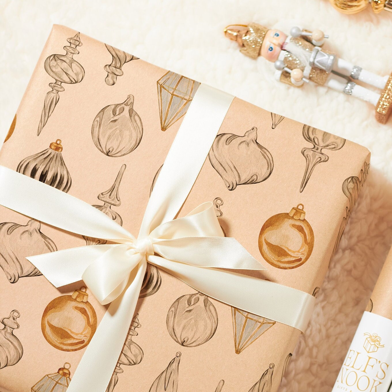 Ornament Eco Wrapping Paper Rolls | Vintage Gold Christmas Gift Wraps | Classic Holiday Decoration with Recycled Papers