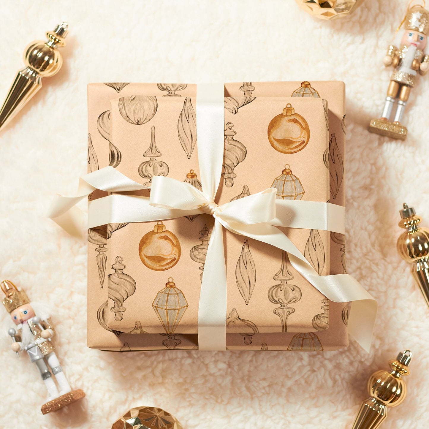 Ornament Eco Wrapping Paper Rolls | Vintage Gold Christmas Gift Wraps | Classic Holiday Decoration with Recycled Papers