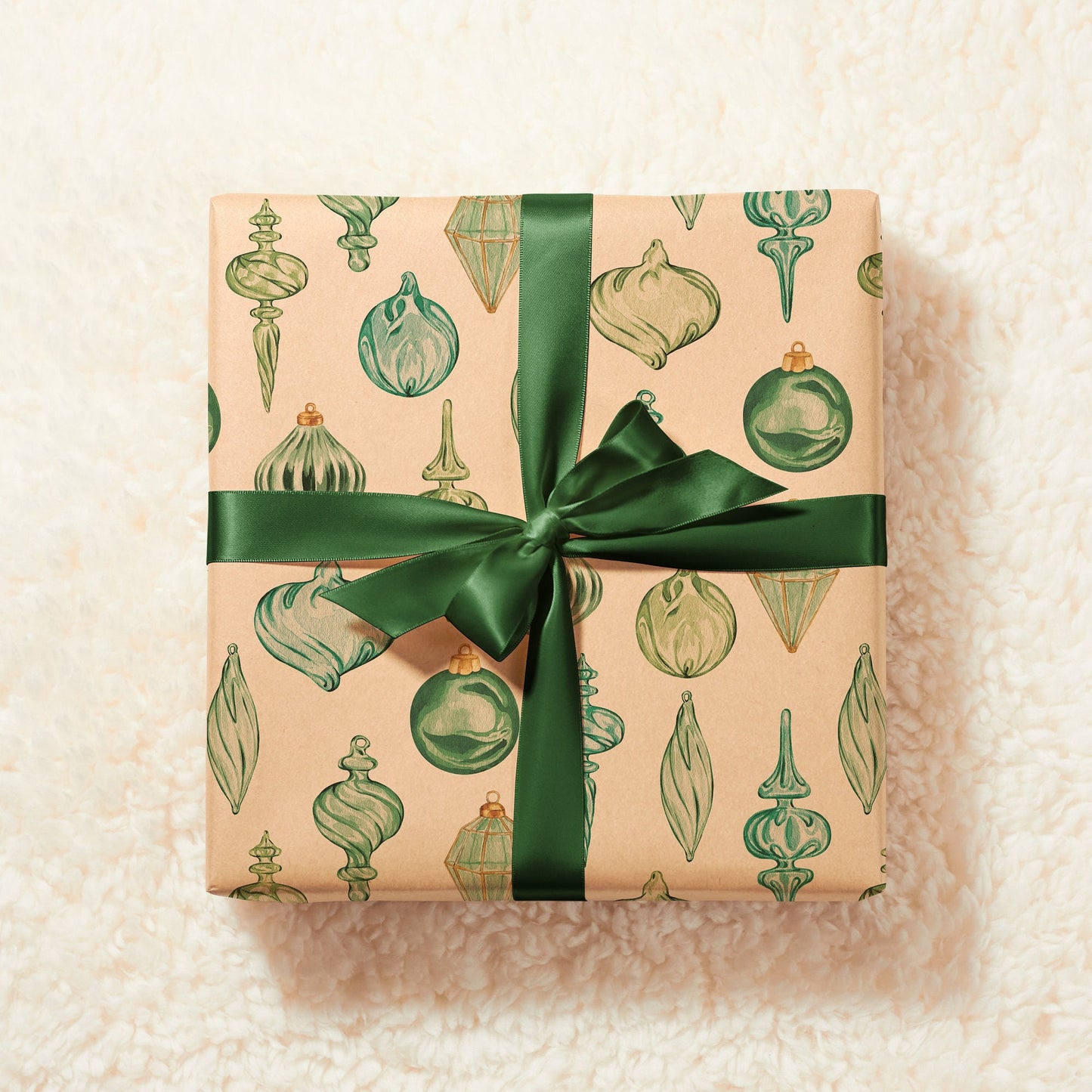 Eco Christmas Wrapping Paper with Vintage Green Ornaments | Recycled & Sustainable Gift Wrap for Classic Holiday Decorations