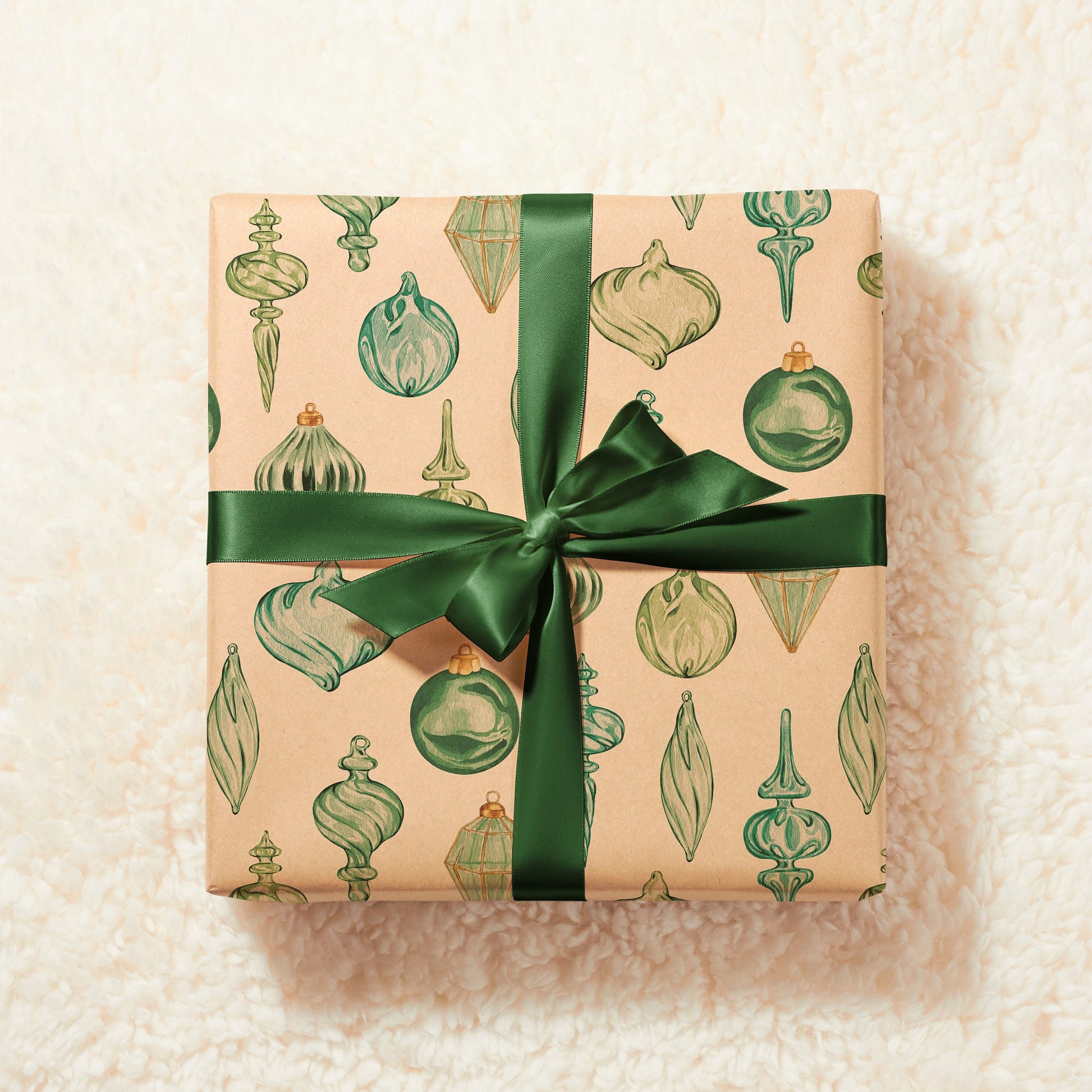 Eco Christmas Wrapping Paper with Vintage Green Ornaments | Recycled & Sustainable Gift Wrap for Classic Holiday Decorations