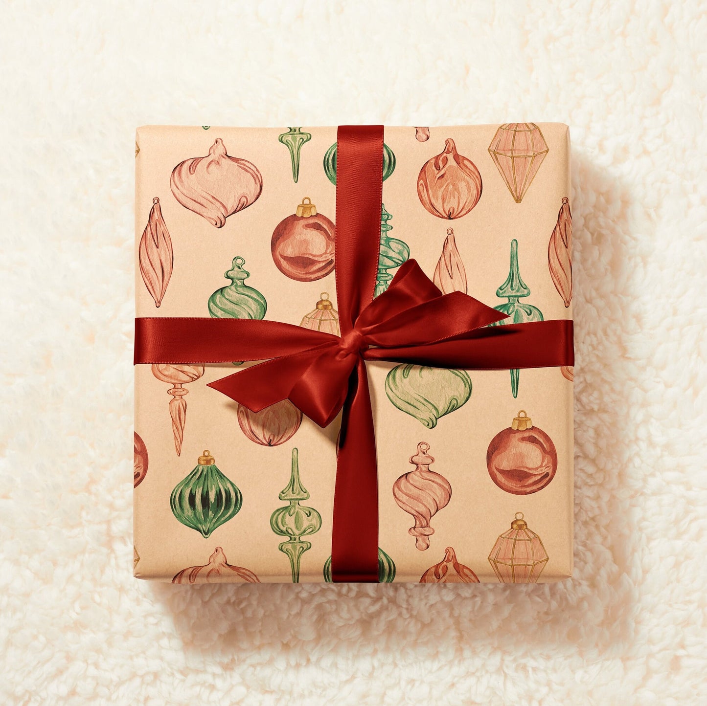 Eco Christmas Wrapping Paper with Vintage Red & Green Ornaments | Recycled Sustainable Gift Wrap for Classic Holiday Decorations