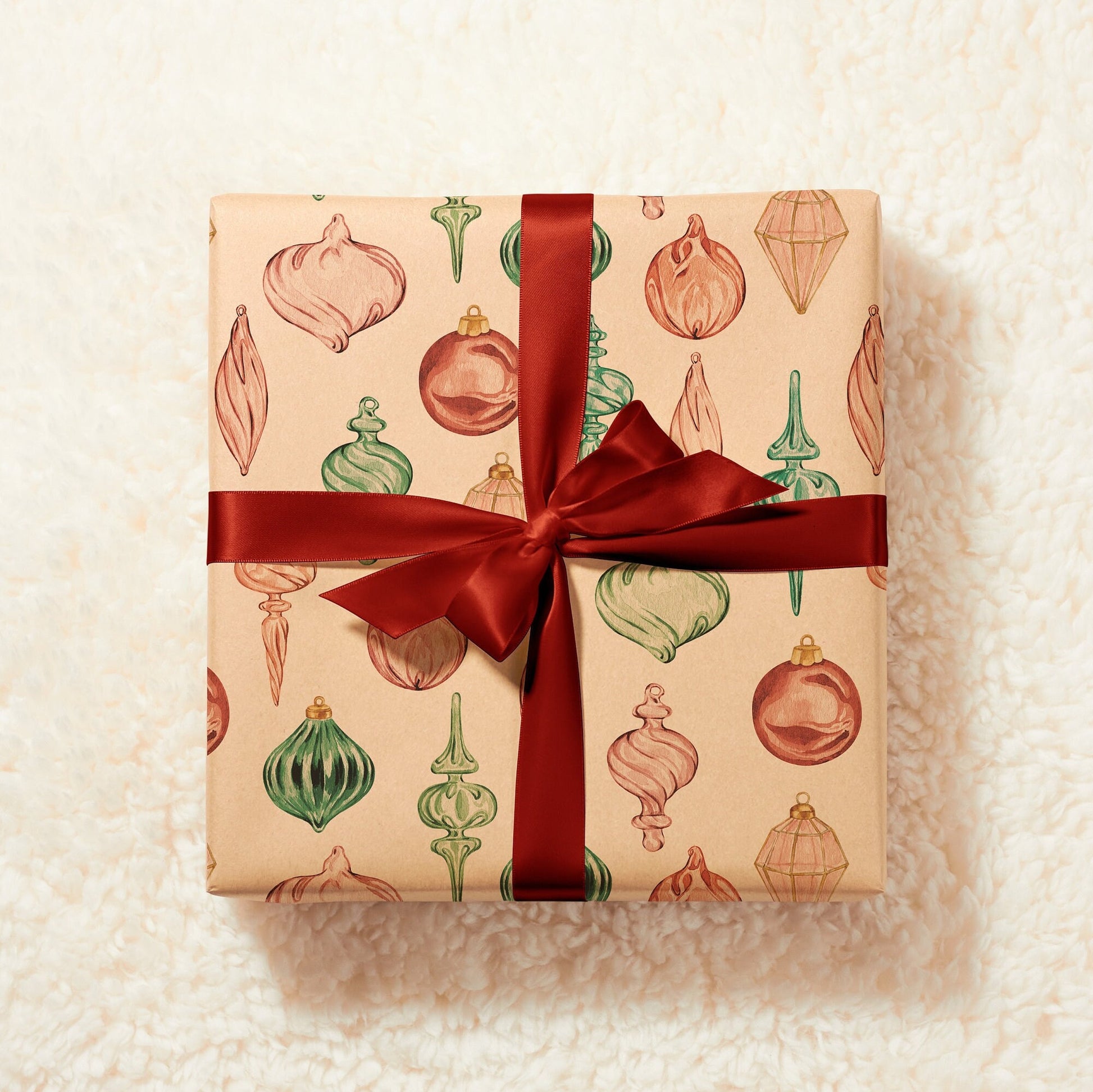 Eco Christmas Wrapping Paper with Vintage Red & Green Ornaments | Recycled Sustainable Gift Wrap for Classic Holiday Decorations