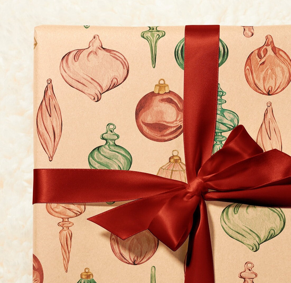 Eco Christmas Wrapping Paper with Vintage Red & Green Ornaments | Recycled Sustainable Gift Wrap for Classic Holiday Decorations