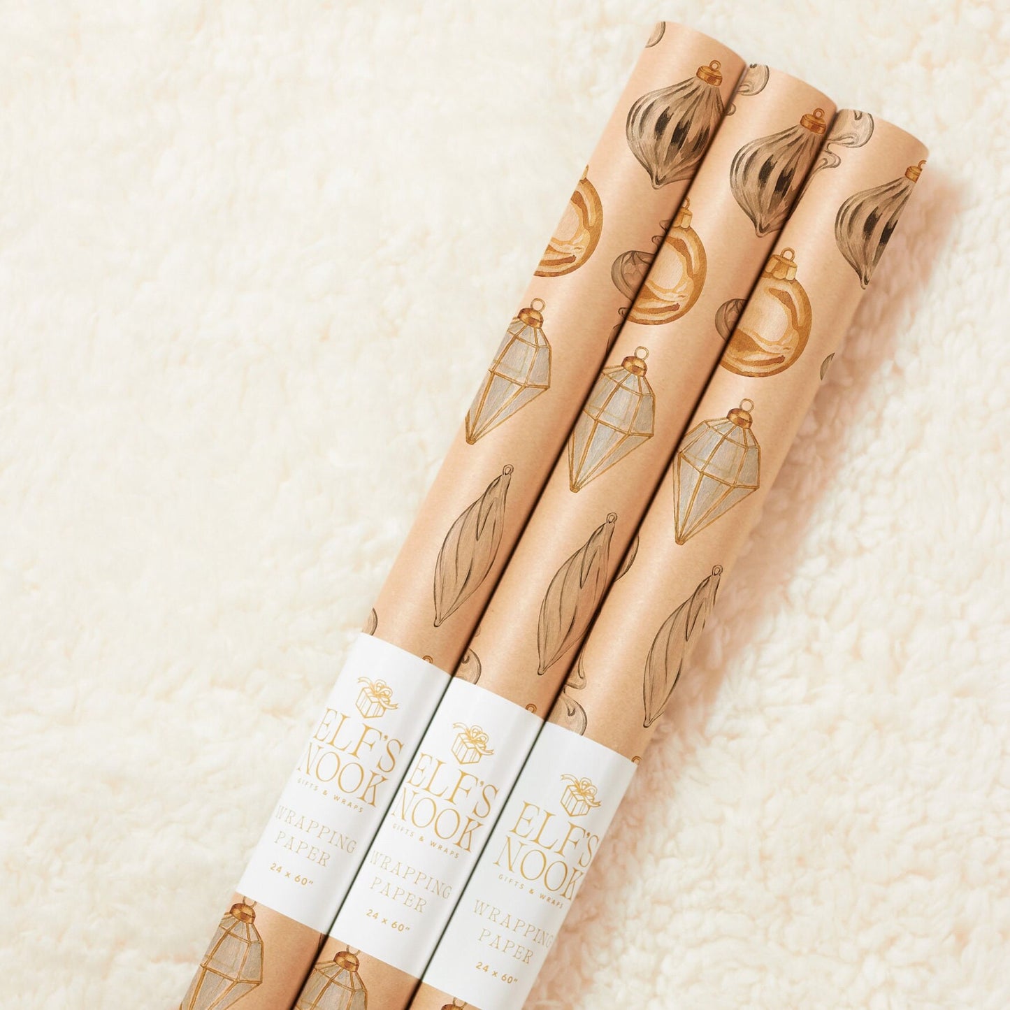 Ornament Eco Wrapping Paper Rolls | Vintage Gold Christmas Gift Wraps | Classic Holiday Decoration with Recycled Papers