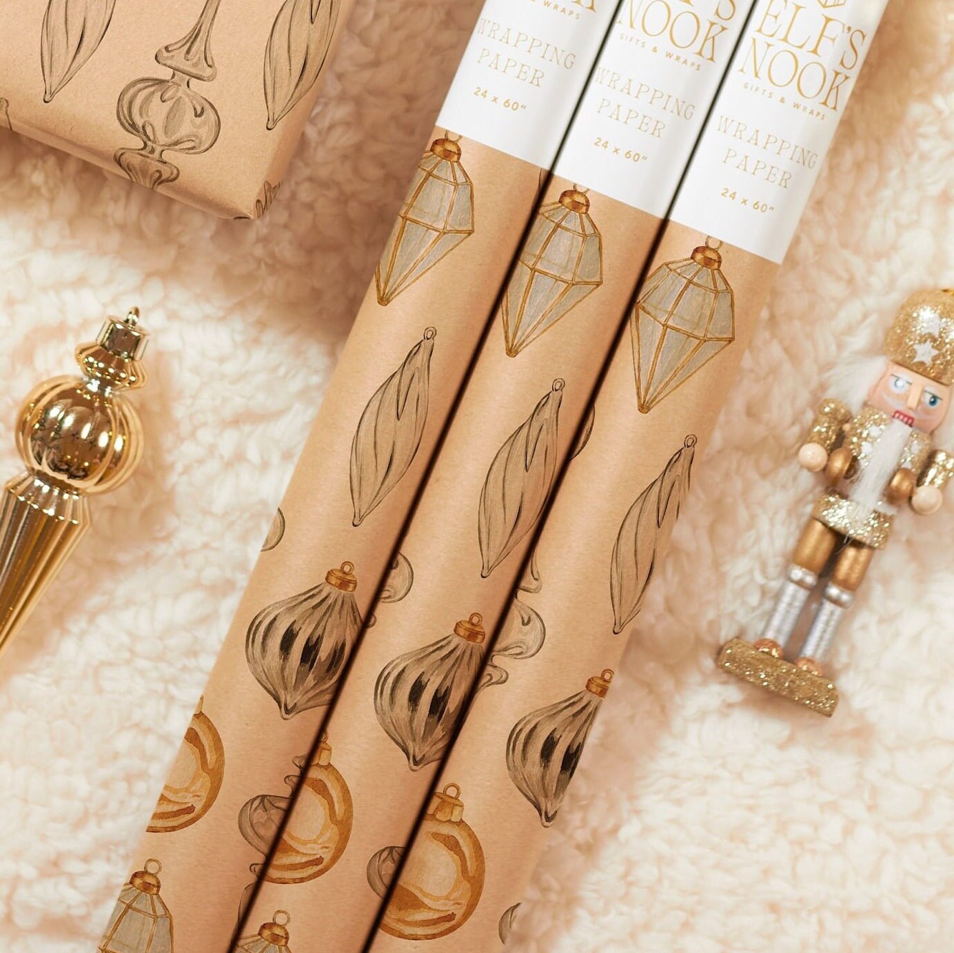 Ornament Eco Wrapping Paper Rolls | Vintage Gold Christmas Gift Wraps | Classic Holiday Decoration with Recycled Papers