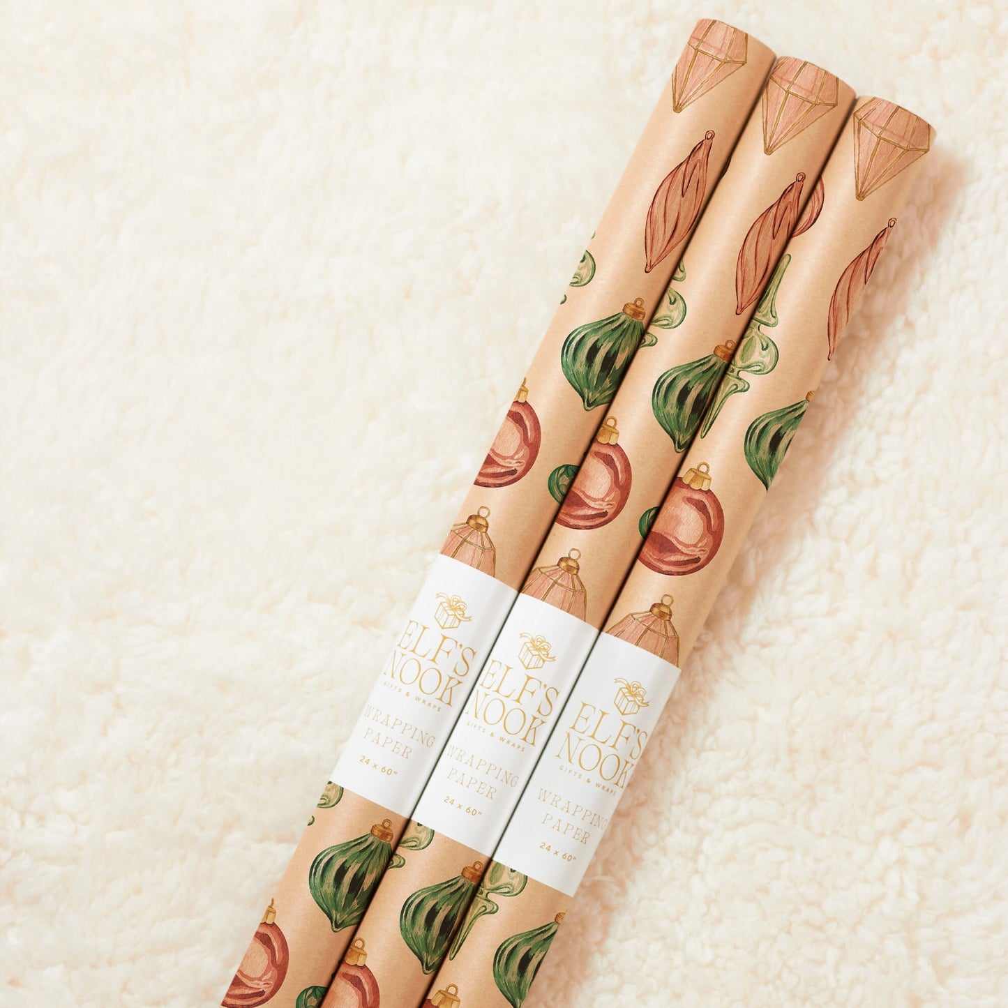 Eco Christmas Wrapping Paper with Vintage Red & Green Ornaments | Recycled Sustainable Gift Wrap for Classic Holiday Decorations