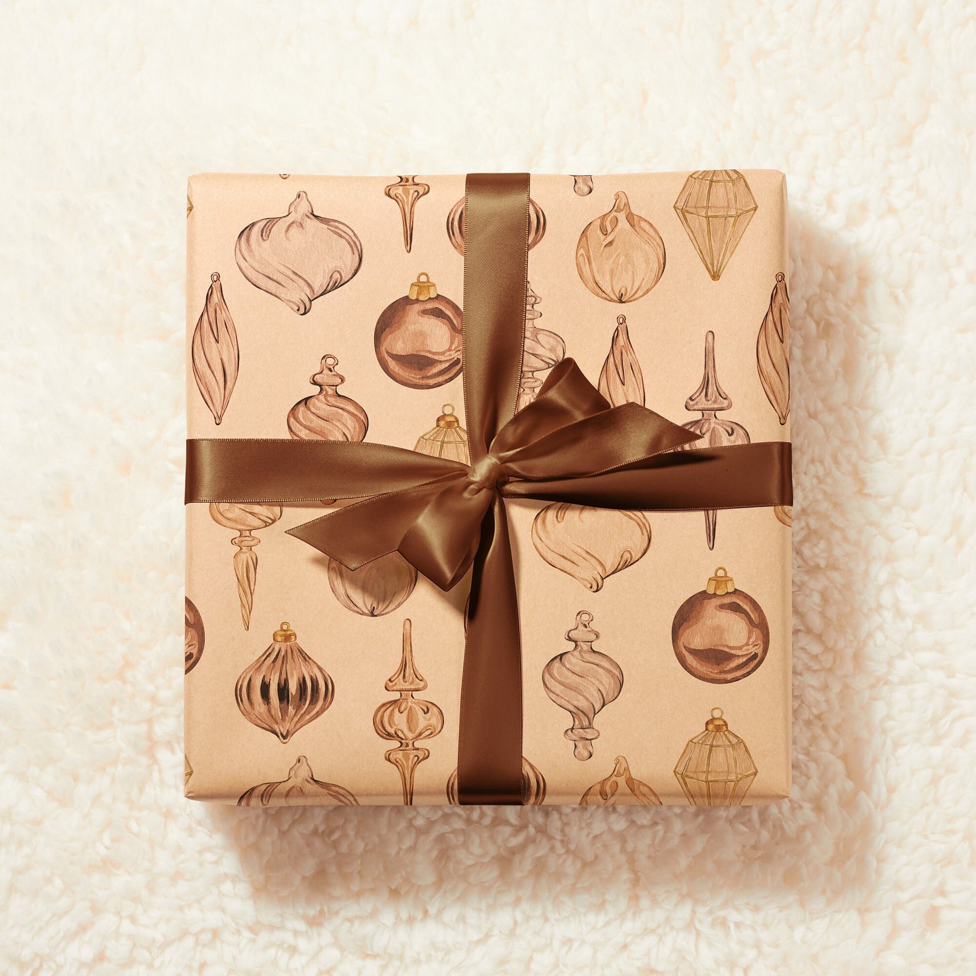 Eco Christmas Wrapping Paper with Vintage Copper Brown & Gold Ornaments | Recycled Sustainable Gift Wrap for Rustic Holiday Decorations