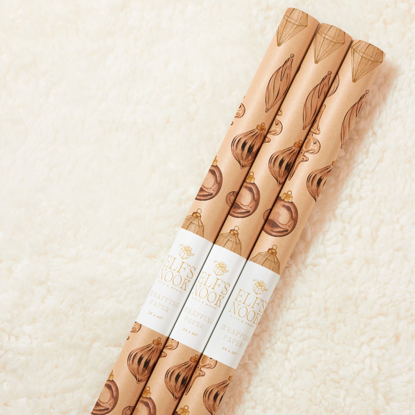 Eco Christmas Wrapping Paper with Vintage Copper Brown & Gold Ornaments | Recycled Sustainable Gift Wrap for Rustic Holiday Decorations