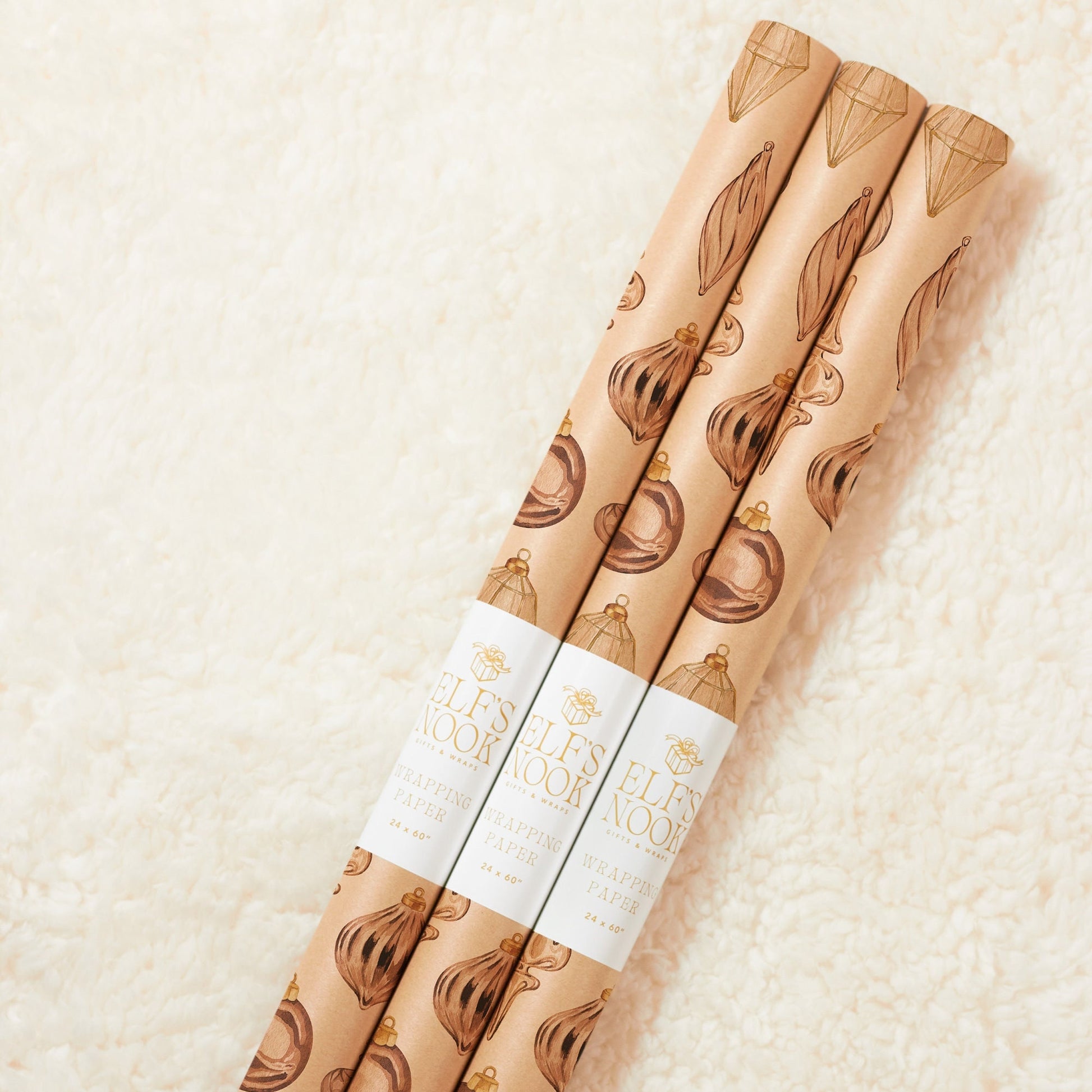 Eco Christmas Wrapping Paper with Vintage Copper Brown & Gold Ornaments | Recycled Sustainable Gift Wrap for Rustic Holiday Decorations