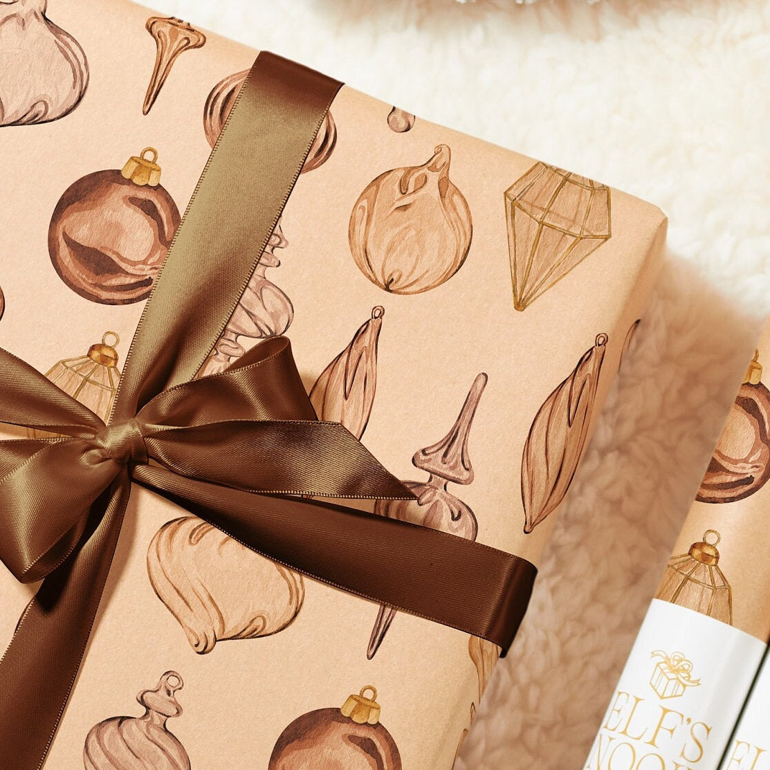 Eco Christmas Wrapping Paper with Vintage Copper Brown & Gold Ornaments | Recycled Sustainable Gift Wrap for Rustic Holiday Decorations