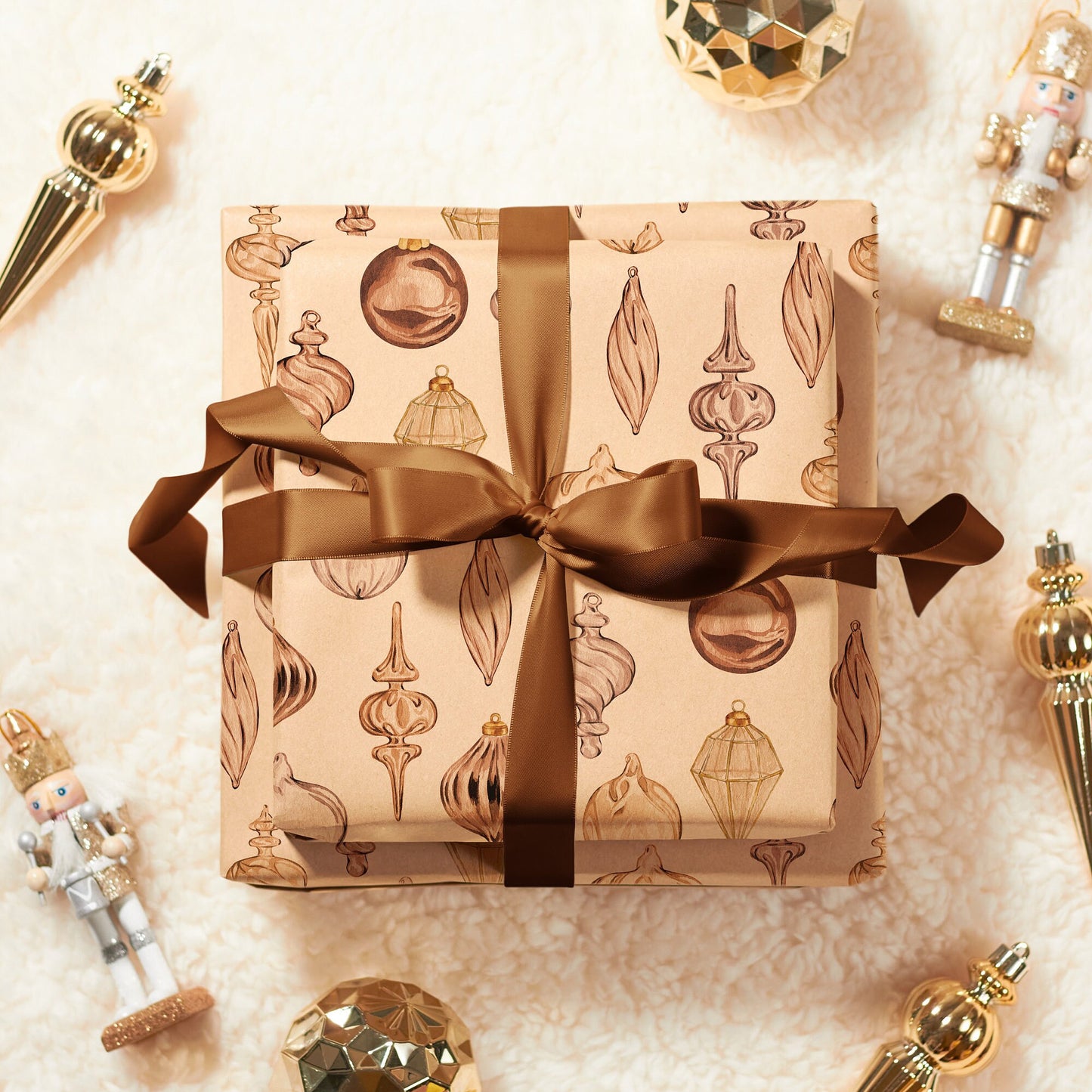 Eco Christmas Wrapping Paper with Vintage Copper Brown & Gold Ornaments | Recycled Sustainable Gift Wrap for Rustic Holiday Decorations