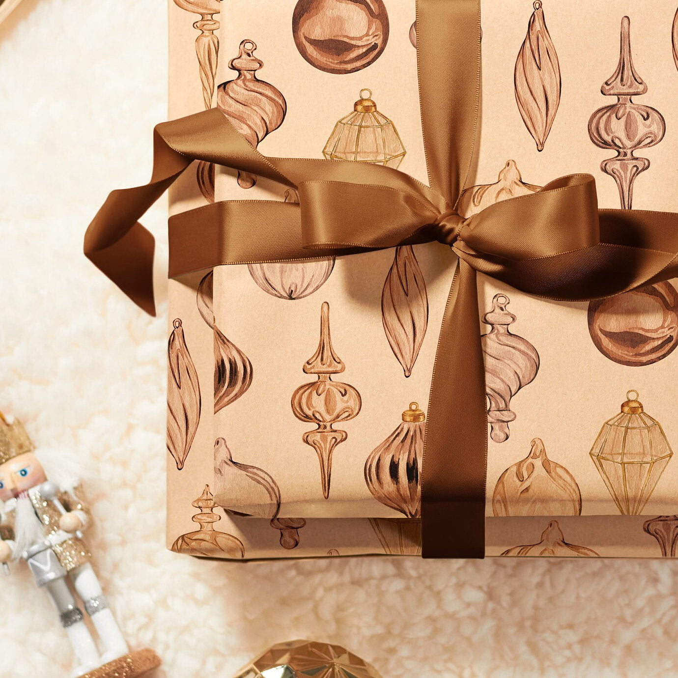 Eco Christmas Wrapping Paper with Vintage Copper Brown & Gold Ornaments | Recycled Sustainable Gift Wrap for Rustic Holiday Decorations