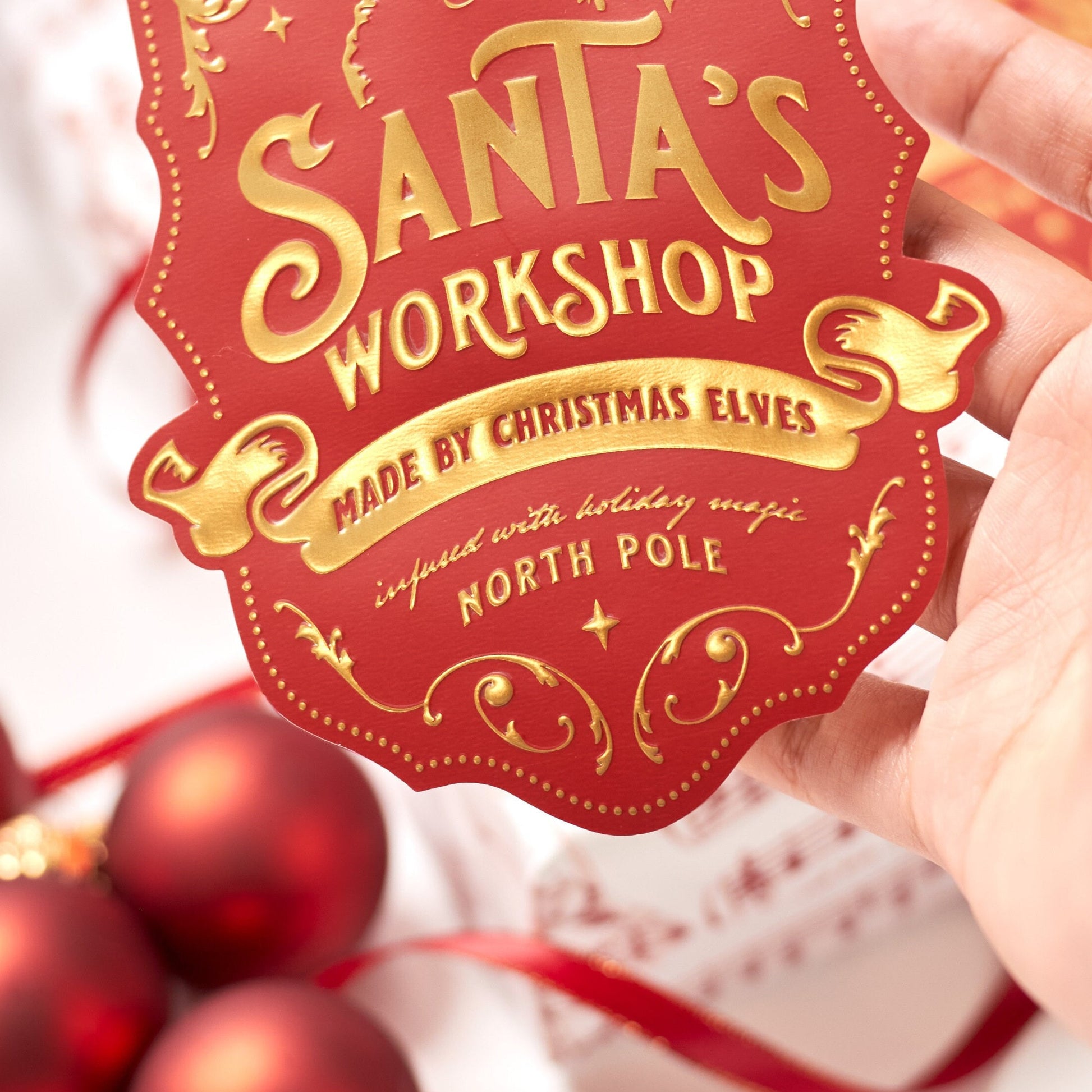 Santa's Workshop Gold Christmas Gift Stickers for Kids | Large Labels for Children's Presents by Santa Clause & Elves from North Pole