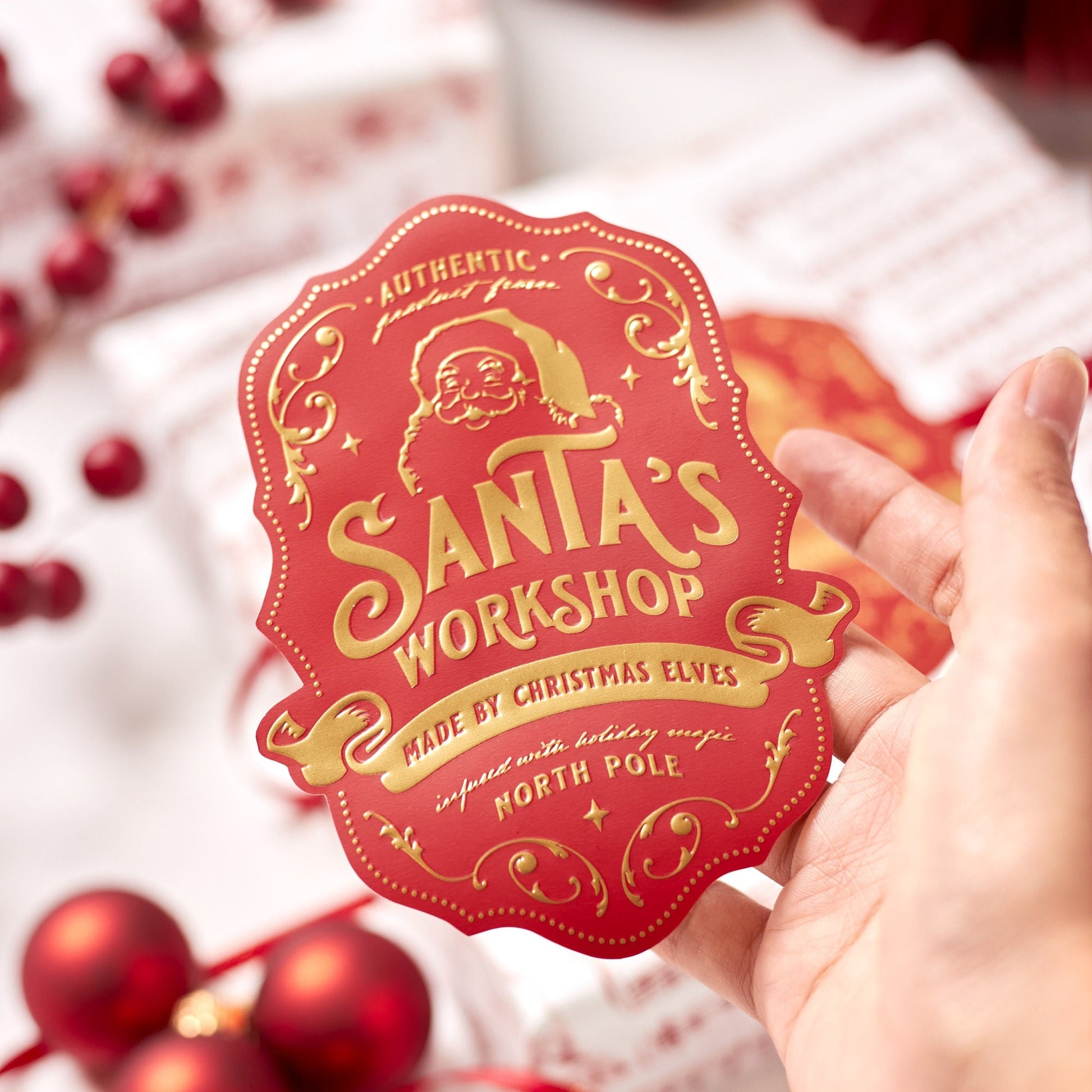 Santa's Workshop Gold Christmas Gift Stickers for Kids | Large Labels for Children's Presents by Santa Clause & Elves from North Pole