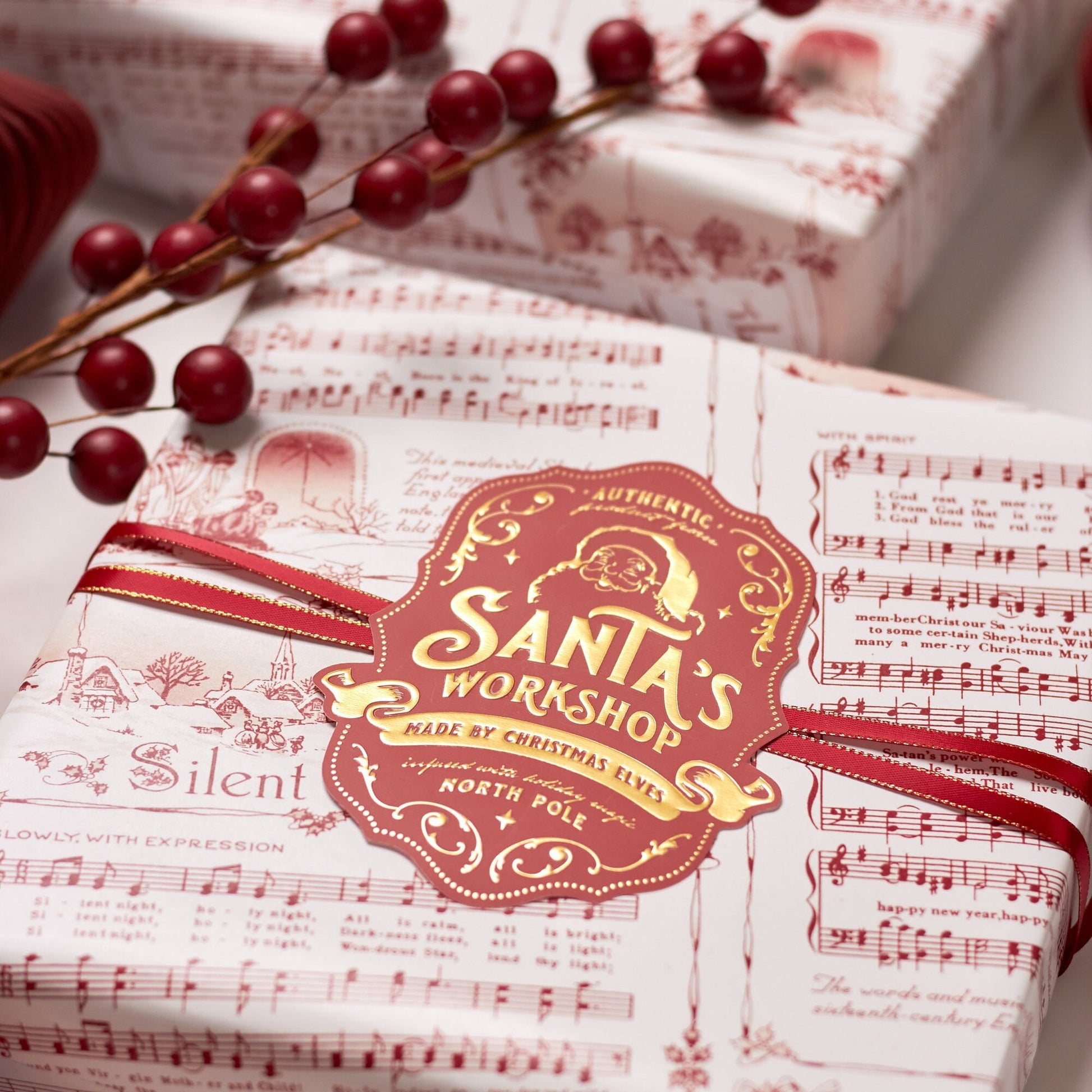 Santa's Workshop Gold Christmas Gift Stickers for Kids | Large Labels for Children's Presents by Santa Clause & Elves from North Pole