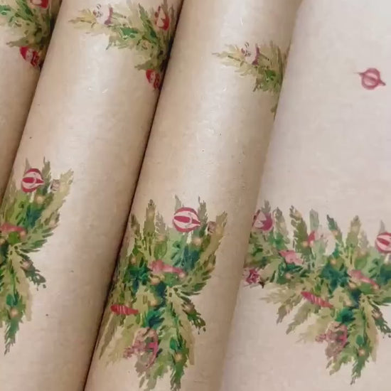 Christmas Tree Eco Gift Wrapping Papers | Watercolor Holiday Illustration on Recycled Kraft Brown Paper Rolls | Sustainable Gift Wraps