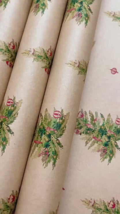 Christmas Tree Eco Gift Wrapping Papers | Watercolor Holiday Illustration on Recycled Kraft Brown Paper Rolls | Sustainable Gift Wraps