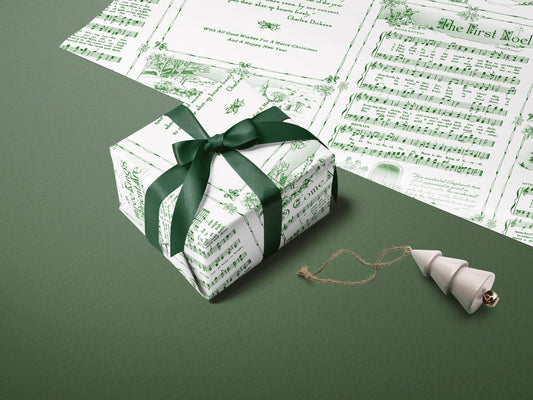 Christmas Carol Wrapping Paper Rolls | Green Vintage Holiday Music Sheets Gift Wraps