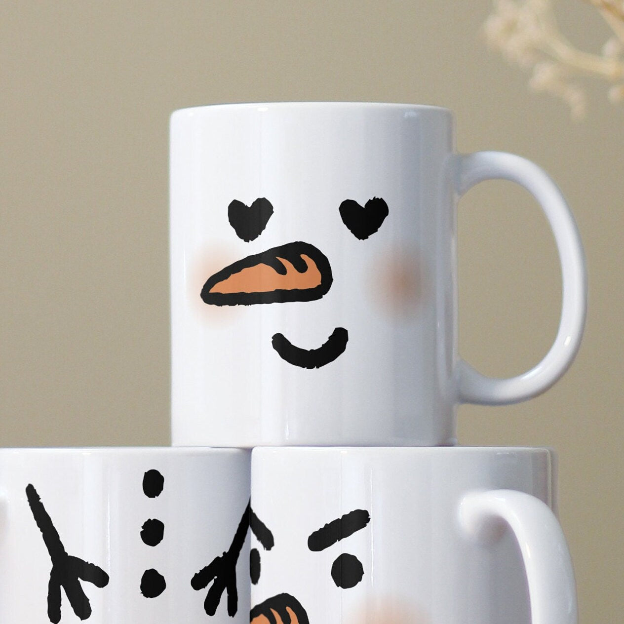Snowman Mugs with Customized Face & Name | Stackable Marshmallow Snowman Coffee Cups for Personalized Christmas Gifts