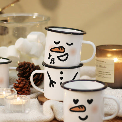 A singing snowman mug is stacked on top of a body. A snowman mug has a snowman face on the right side and its snowman body on the left side. So you can stack up a two mug to build a snowman!