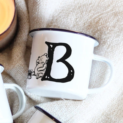 Pooh Monogram Enamel Mugs | Personalized Winnie-the-Pooh Honey Indulging Bear Illustration Camp Travel Mugs, Gift for Christmas, Kids