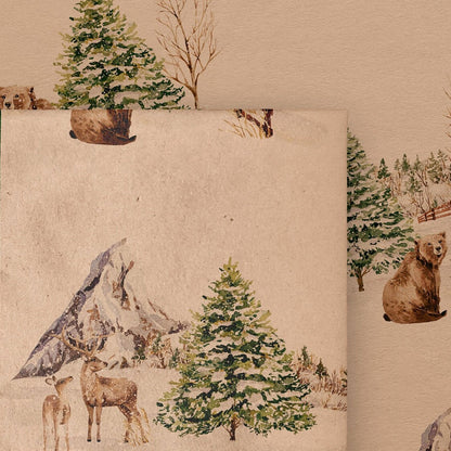 Winter Bear & Deer Eco Christmas Gift Wrapping Papers | Classic Watercolor Animal in Snowfield Recycled Paper Holiday Gift Wraps