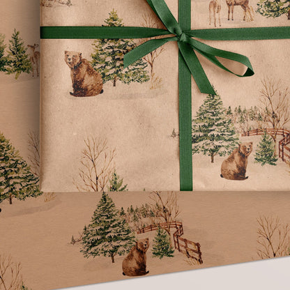 Winter Bear & Deer Eco Christmas Gift Wrapping Papers | Classic Watercolor Animal in Snowfield Recycled Paper Holiday Gift Wraps