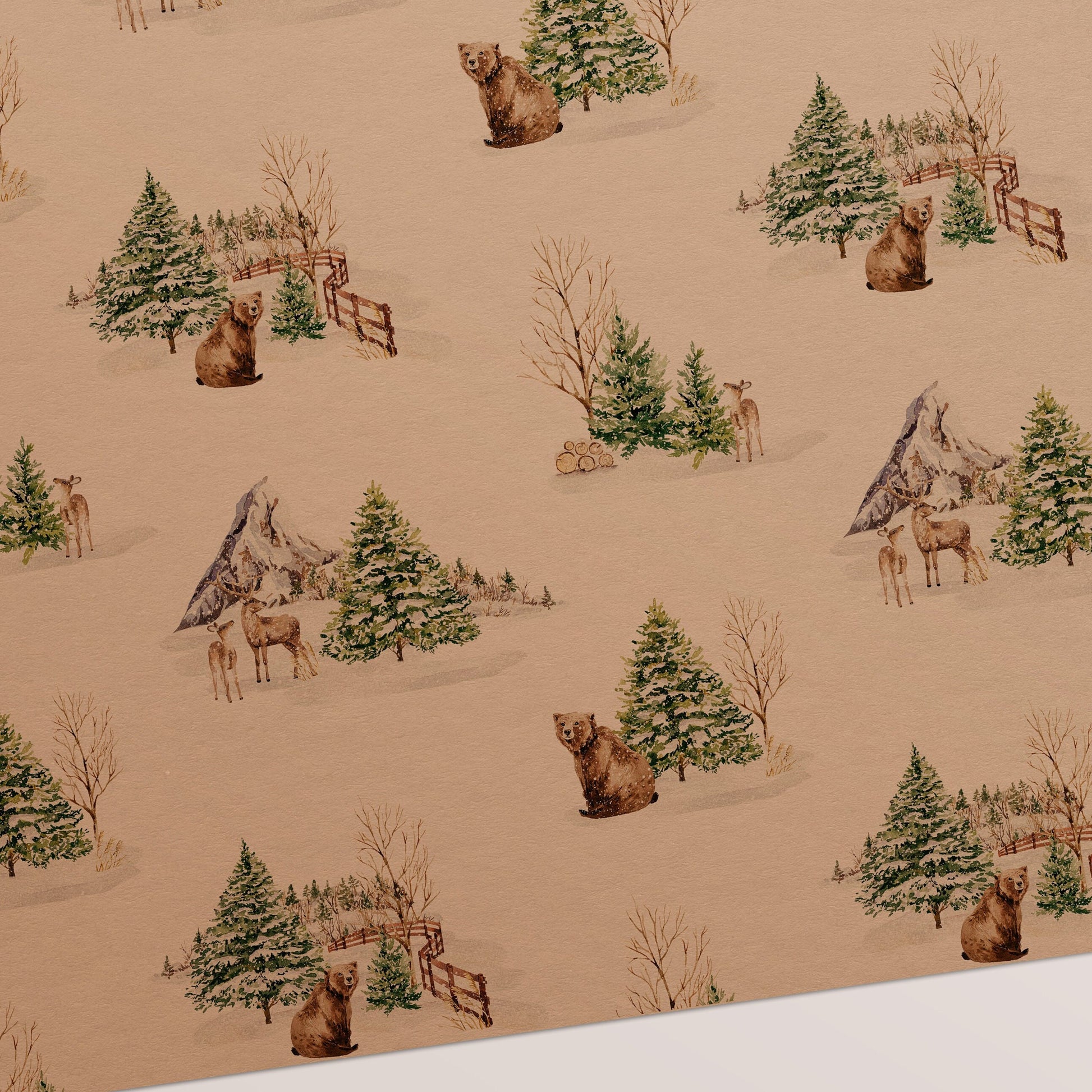 Winter Bear & Deer Eco Christmas Gift Wrapping Papers | Classic Watercolor Animal in Snowfield Recycled Paper Holiday Gift Wraps