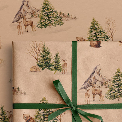 Winter Bear & Deer Eco Christmas Gift Wrapping Papers | Classic Watercolor Animal in Snowfield Recycled Paper Holiday Gift Wraps