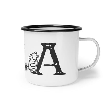 Pooh Monogram Enamel Mugs | Personalized Winnie-the-Pooh Honey Indulging Bear Illustration Camp Travel Mugs, Gift for Christmas, Kids