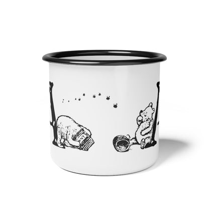 Pooh Monogram Enamel Mugs | Personalized Winnie-the-Pooh Honey Indulging Bear Illustration Camp Travel Mugs, Gift for Christmas, Kids