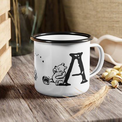 Pooh Monogram Enamel Mugs | Personalized Winnie-the-Pooh Honey Indulging Bear Illustration Camp Travel Mugs, Gift for Christmas, Kids