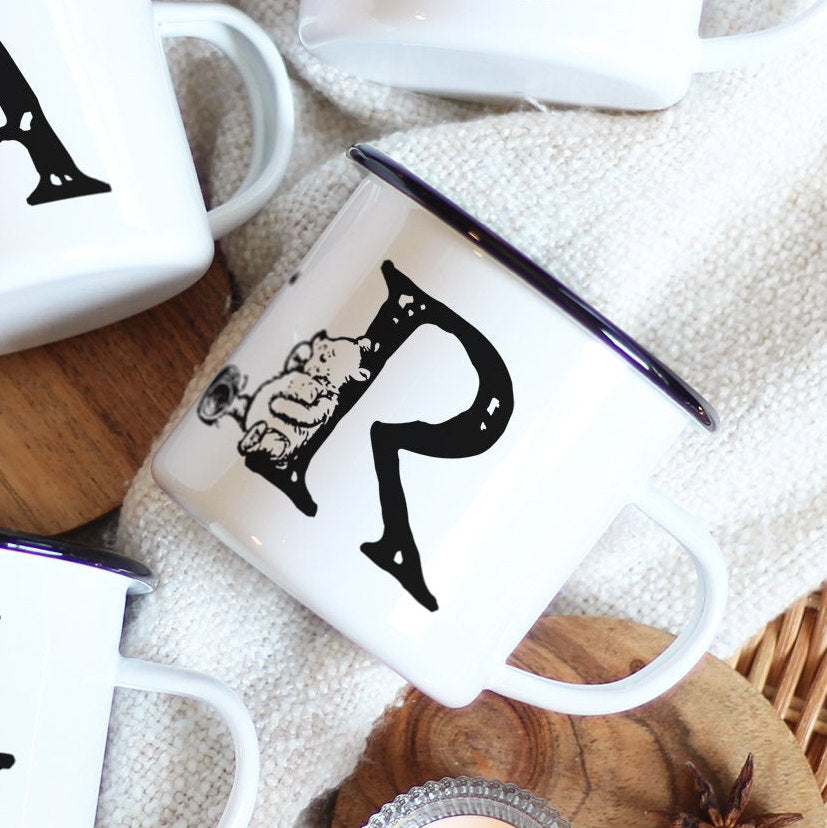 Pooh Monogram Enamel Mugs | Personalized Winnie-the-Pooh Honey Indulging Bear Illustration Camp Travel Mugs, Gift for Christmas, Kids